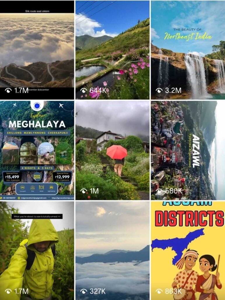 Screenshot of an Instagram feed showing travel reels and posts from Northeast India with high engagement, including millions of views.