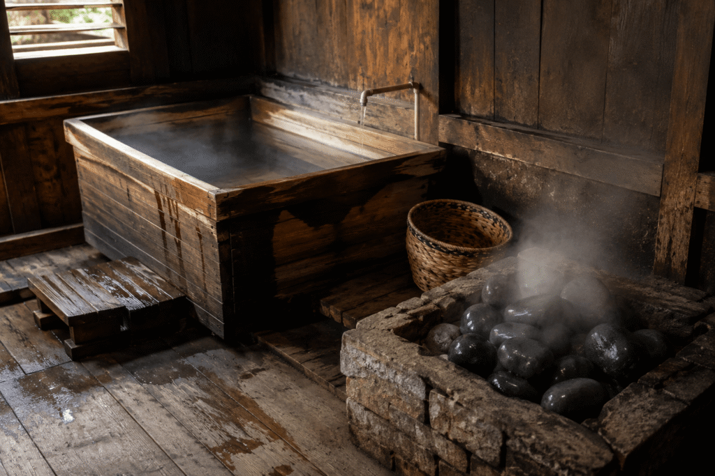 Traditional Bhutan hot stone bath setup with a wooden tub, heated river stones, and steam, showcasing one of the most unique experiences in Bhutan.
